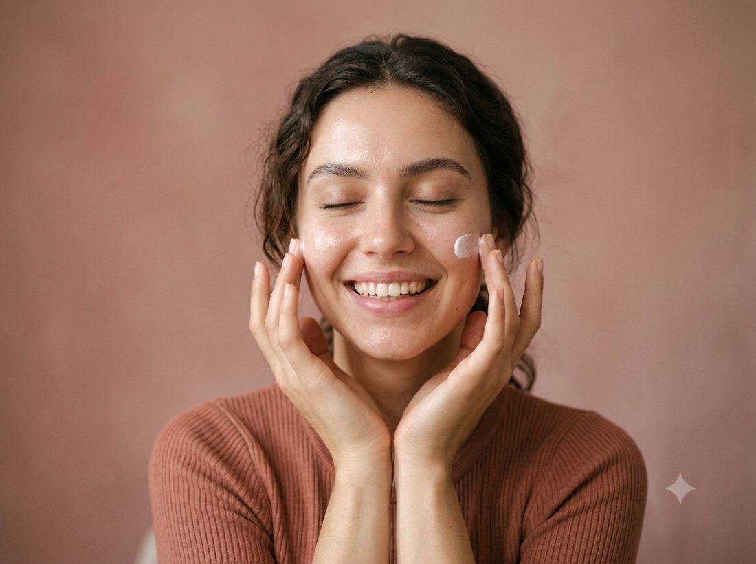 Smiling person applying moisturiser to their cheek