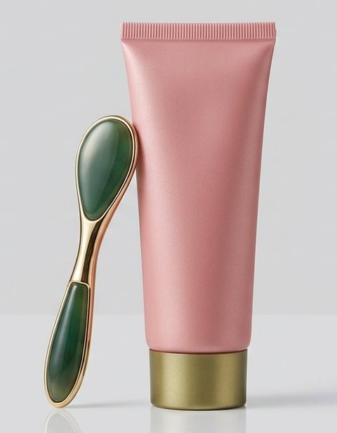 Pink moisturiser tube with a jade face tool